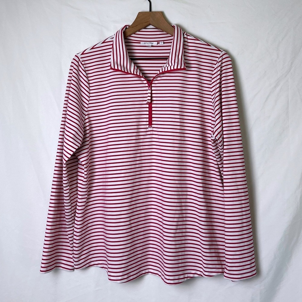Chico's Womens Striped Quarter Zip Pullover Top Size 2 /L Pink White